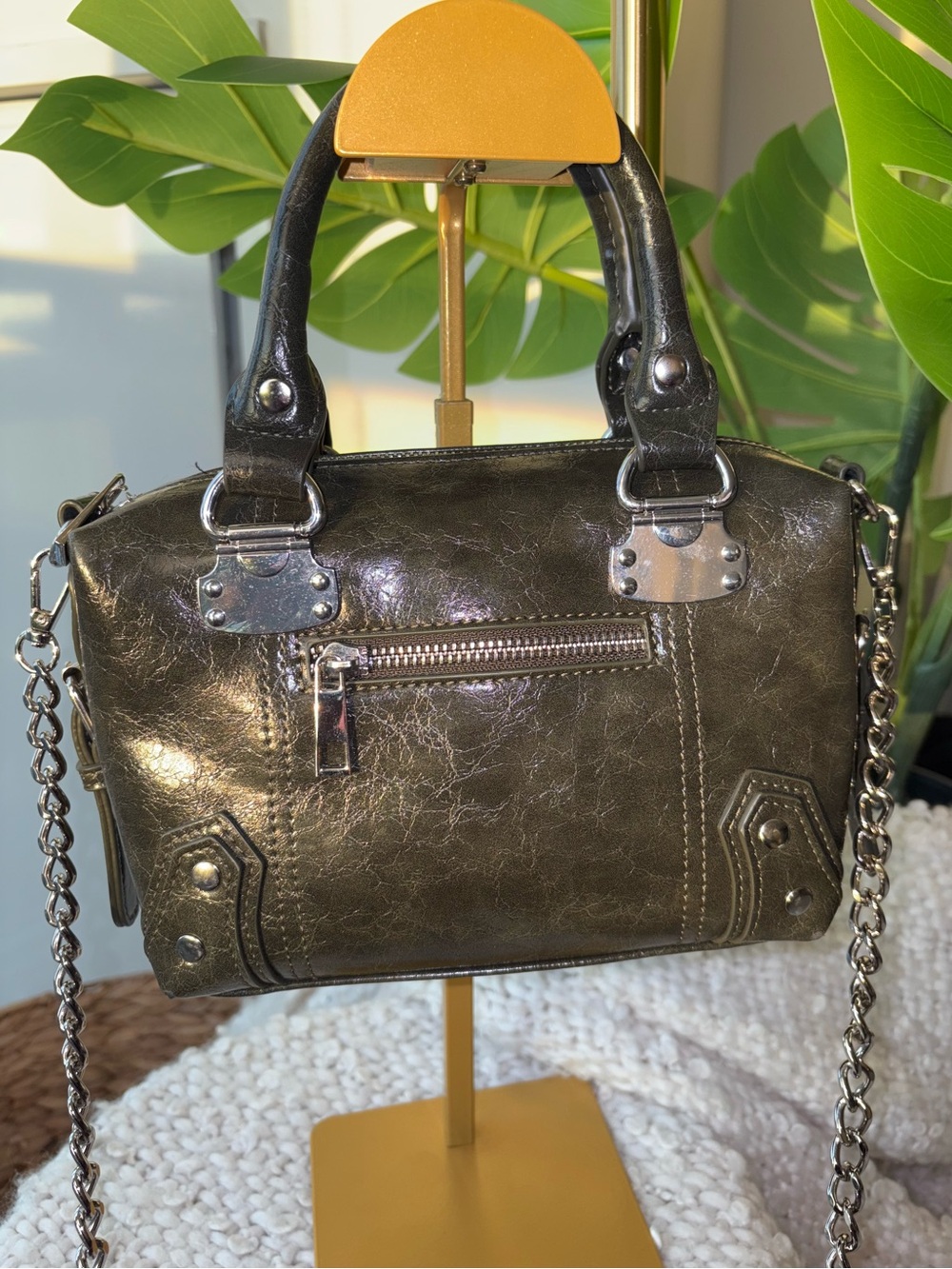 UO Y2J Olive Green Distressed Mini Satchel Crossbody Bag Silver Chain Purse